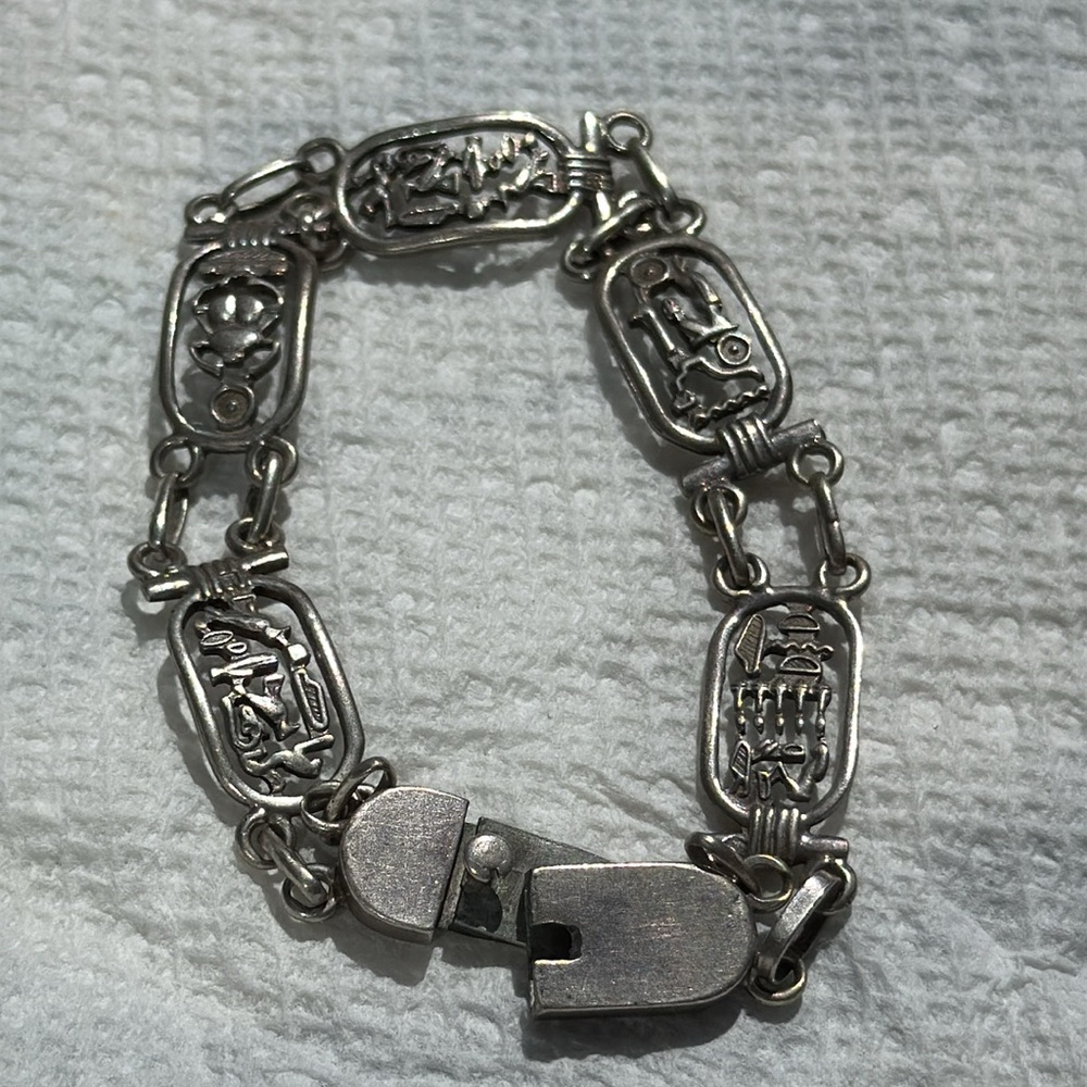 Vintage Egyptian revival Sterling Silver Bracelet hieroglyph cartouches RARE